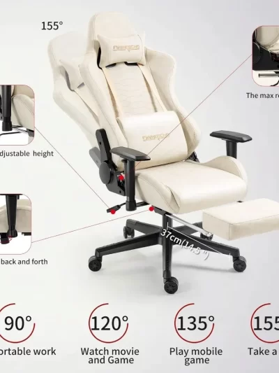 Office Chair with Footrest, Massage, Vintage Leather, Lumbar Support - Ivory